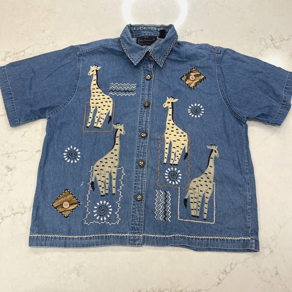 New Direction VTG Womens L Denim Embroidered Top Giraffes Textured Cottagecore